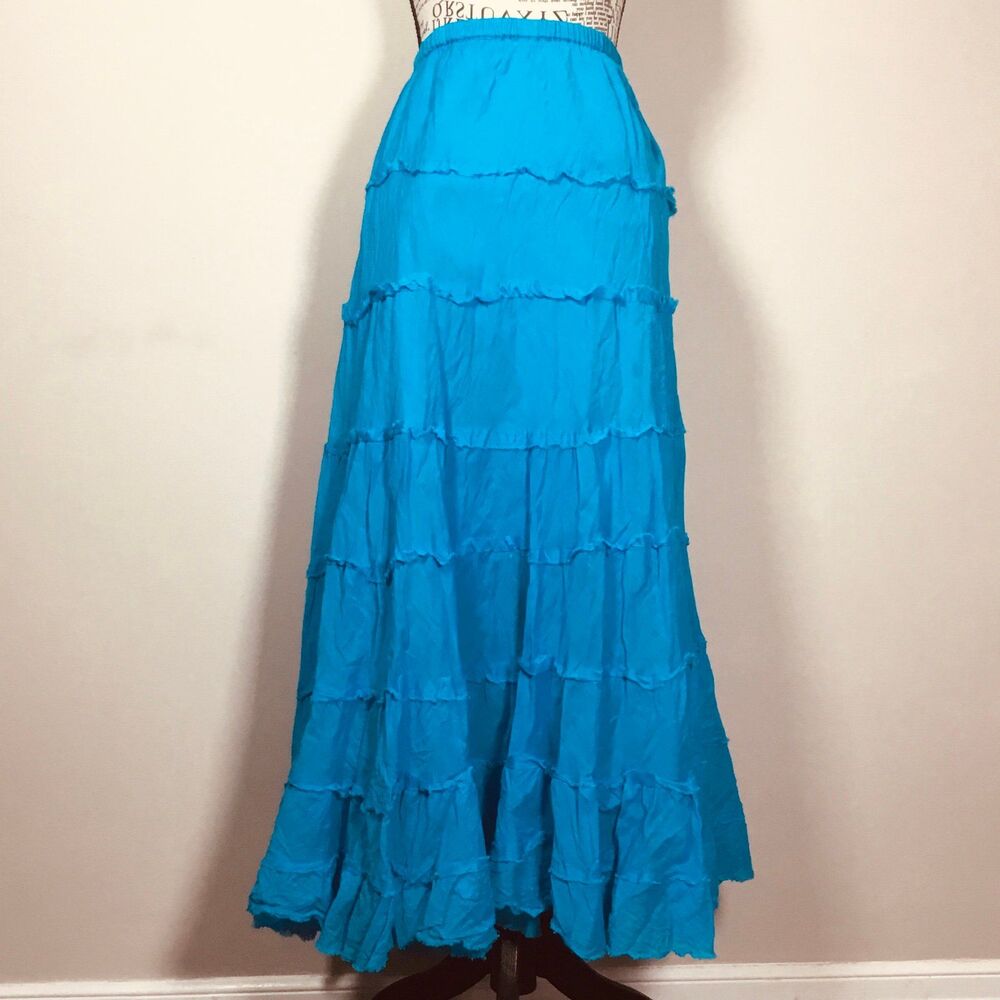 Aqua blue crinkle maxi skirt bright beachy mermcore mermaid waist 34"-44" L